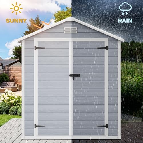 DWVO 6x4.4 FT Resin Storage Shed with Reinforced Floor, Outdoor Storage Shed with Lockable Door, Window and Vents, Waterproof Plastic Tool Storage for Garden, Backyard, Patio, Lawn - Image 3