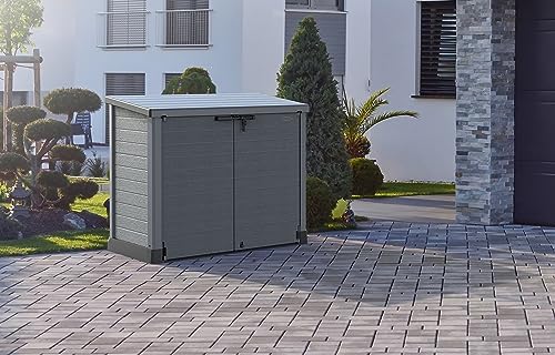Duramax Cedargrain StoreAway 1200L Plastic Garden Storage Shed/Flat Lid - Outdoor Storage Bike Shed – Durable & Strong Construction– Ideal for Tools, Bikes, BBQs & 2X 240L Bins, 145x85x125 cm, Grey - Image 7
