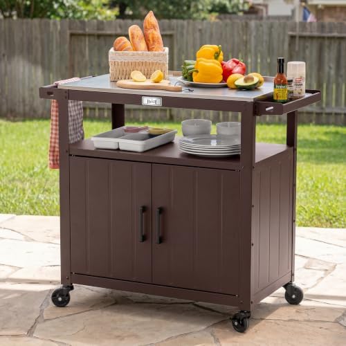 Feasto Outdoor Grill Cart w/Storage Cabinet, Stainless Steel Top, Brown - Image 6