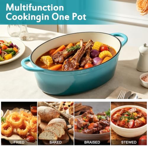Enameled Dutch Oven Pot with Lid, 7 QT Cast Iron Dutch Oven with Dual Handles, Oval Dutch Oven for Cooking, Bread Baking, Frying, Non-stick Enamel Coated Oven (Blue-Green) - Image 6
