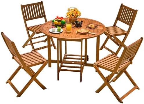 Devoko Acacia Wood Outdoor Patio Folding Table and Chairs Set for 4 by DEVOKO