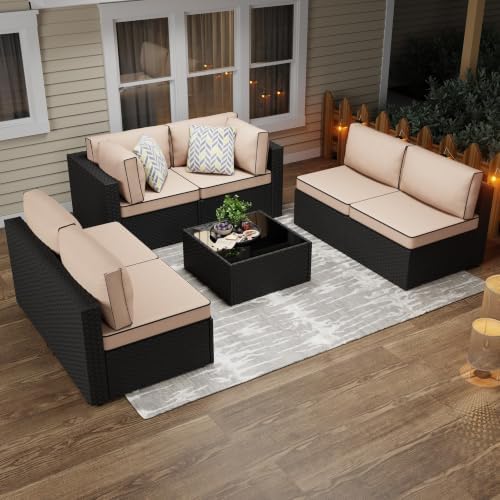 JAMFLY 7-Piece Patio Furniture Set, Outdoor Wicker Sectional Sofa with 4-Inch Thick Cushions & Coffee Table, All-Weather PE Rattan Conversation Set for Backyard, Garden, Poolside, Beige - Image 7