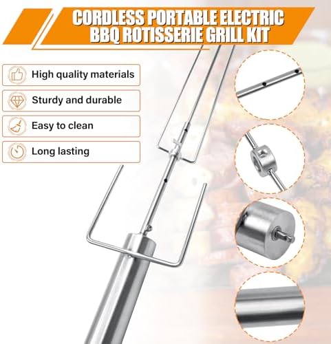 Cordless Portable Electric BBQ Rotisserie Grill Kit, Universal Automatic Motor Roaster Stand with Adjustable Length Stainless Steel Spit Rod, Automatic Rotating Barbecue Grill for Outdoor Camping - Image 4