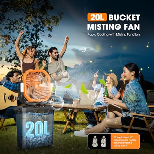 Ausic 5 Gal 12" Portable Misting Fan for Outside Patios, 30000mAh Outdoor Rechargeable Battery Oscillating Fan with Remote, Cooling Camping Dugout Fan with Light/Timer/Caster, Summer Essential - Image 3