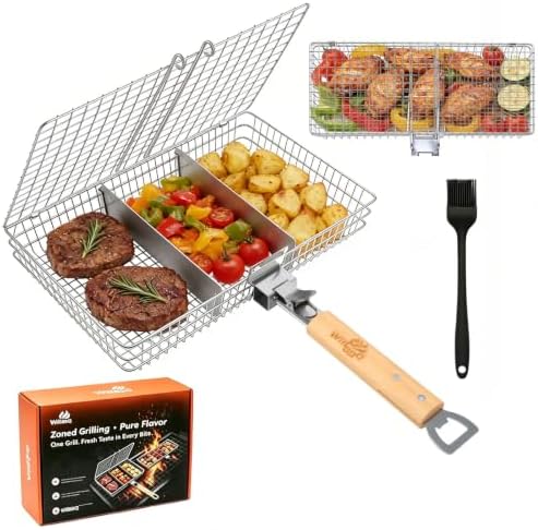 WILLBBQ Stainless Steel Grill Basket with Removable Divider, Gift Set by WILLBBQ
