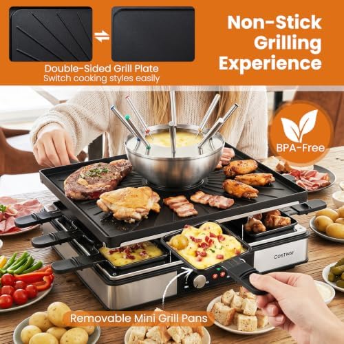 COSTWAY Raclette Table Grill & Fondue Pot, 1800W Electric Grill, 8 People - Image 4