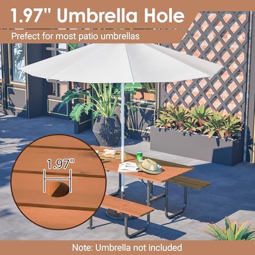 72" Rectangular Outdoor Picnic Table - 6 Person Brown Wooden Dining Set with Built-in Benches, Ideal for Garden BBQ & Courtyards - Image 3