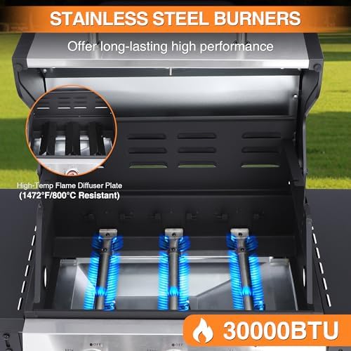 Propane Gas BBQ Grill, Upgraded 30,000 BTU Stainless Steel Barbecue Grill with Foldable Side Tables, Spice Rack & Wheels for Outdoor Cooking (3 Burner grill) - Image 2