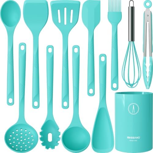 Silicone Cooking Utensils Set - 600°F Heat Resistant, Nonstick Kitchen Utensil Set with Spatulas, Spoons, Whisk, Tongs, BPA Free, Dishwasher Safe (Teal) by Unknown