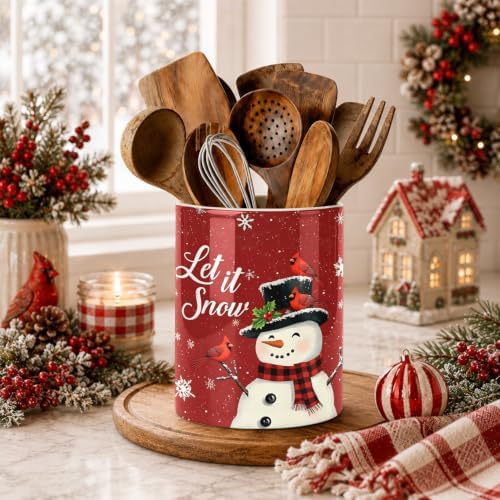 Christmas Snowman Kitchen Utensil Holder, Let It Snow Large Ceramic Utensil Holder For Countertop Organizer, 6.3'' Winter Cooking Utensil Crocks Festivel Decor Utensil Storage Cup for Kitchen - Image 4