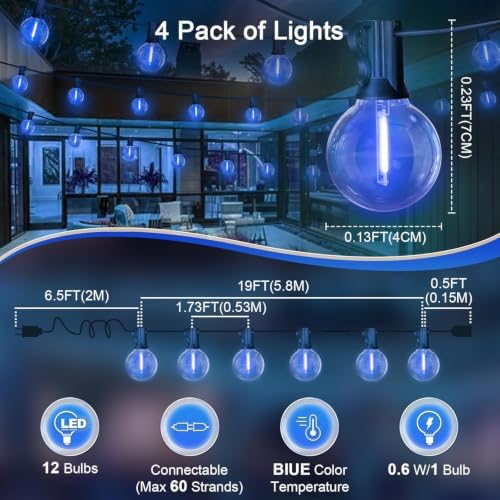 LAMPHOME 4-Pack 26Ft ST38 Outdoor String Lights, Blue LED Shatterproof Patio Lights with 12+1 Edison Bulbs, Perfect for Hanukkah, Bistro, Christmas & Party Decorations - Image 4