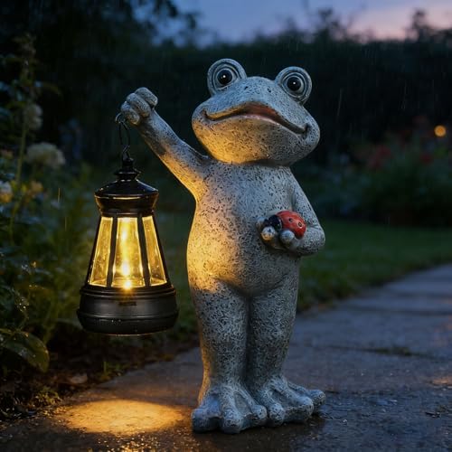 Solar Frog Garden Statue, Resin Figurine with Ladybug & Hanging Solar Lantern Outdoor Decor - Image 5