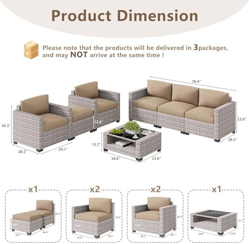 LOUVIXA 7 Piece Outdoor Patio Furniture Set, Rattan Chairs Glass Table Wicker Conversation Seating Sectional Sofa with Cushions (Grey White-Camel, 7Pcs-2 Layer Coffee Table) - Image 2