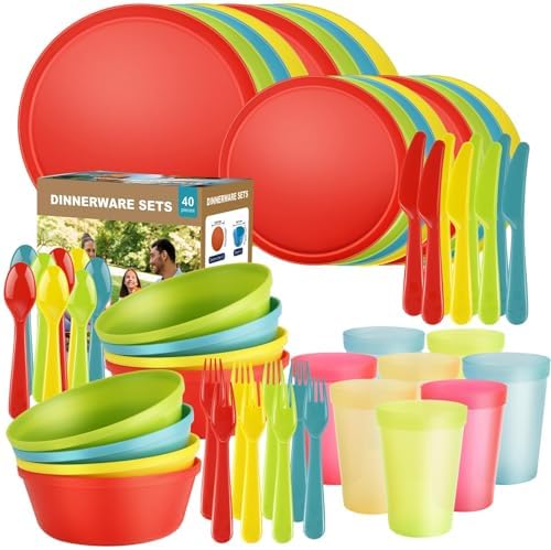 40 Piece Plastic Dinnerware Set for 8 with Cutlery, Unbreakable Plates and Bowls Set, Dishwasher & Microwave Safe Reusable Dish Set for Camping, RV, Outdoor Kitchen, Apartment Dining,Rainbow Multicol by BetterMomentsBeginatHome