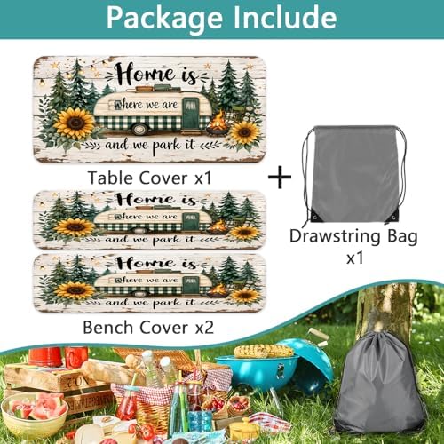 Picnic Table Cover with Bench Covers Camping Essentials Green Checkered RV Forest Sunflower Wooden Outdoor Table Covers with Elastic Waterproof Camping Tablecloth for Indoor & Outdoor 3 PCS 30x60 Inch - Image 6