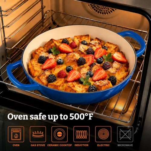 Parmedu Cast Iron Dutch Oven, 3.8 Quart, Blue, Shallow Braiser & Casserole - Image 6