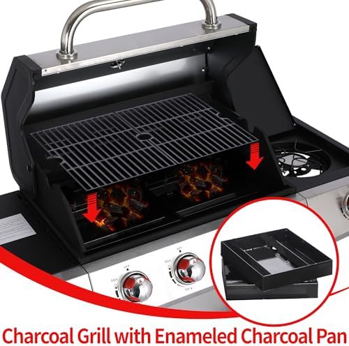 Griddle Grill Combo, 4 Burner Propane Gas and Charcoal Grill Combo with Side Burner, Outdoor BBQ Grill with Cast Iron Grates & Prep Space for Backyard Patio - Image 3