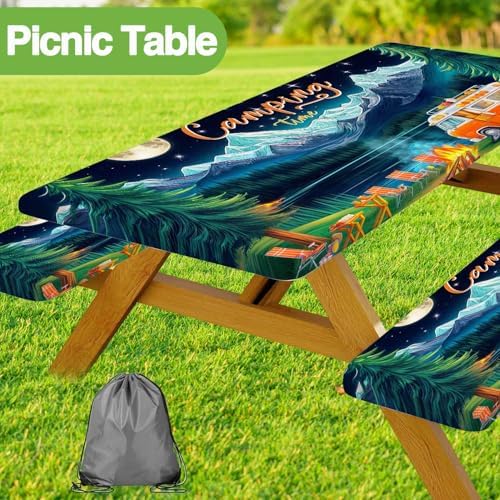 Picnic Table Cover with Bench Covers and Bag, Forest Mountain Lake Fitted Outdoor Table Covers, Camping Essentials, Windproof & Waterproof Tablecloth Cover with Elastic Edge, 3 PCS, 30x96 Inch - Image 4