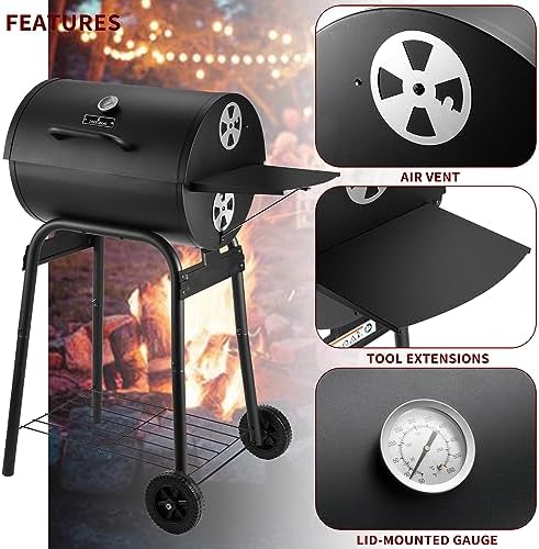 Charcoal Grill with Side Table,Barrel BBQ Grill 500 Sq In Cooking Area - Image 4