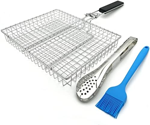 Large Capacity Barbeque Grill Basket With Brush BBQ Tong Deeper Grilling Rack Havy Duty Stainless Steel BBQ Accessories Set by HTIAM