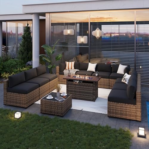 Aoxun Patio Furniture Sets, 12-Piece Outdoor Patio Furniture with 44'' Propane Gas Firepit Table, Wicker Outdoor Conversation Set Sectional Sofa for Backyard, Poolside, Garden - Image 2