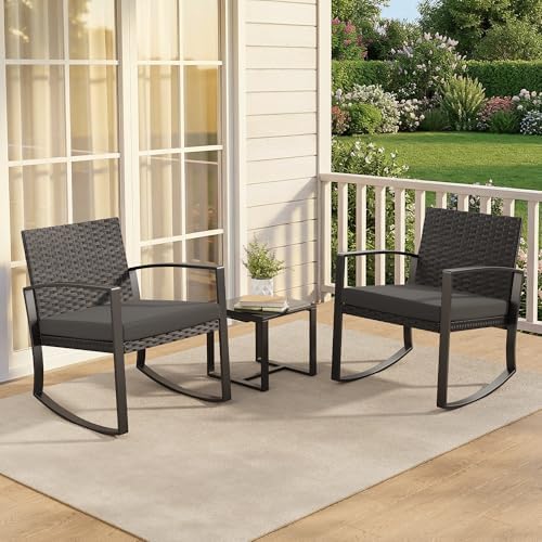 Qsun 3 Pieces Patio Furniture Set Rocking Bistro Set, Outdoor Patio Furniture Set with Coffee Table for Garden Balcony Backyard Poolside (Black Cushion) - Image 7