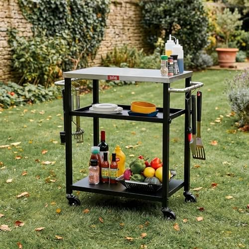 Feasto 3-Tier Outdoor Grill Cart, 26.6" x 16.1" Rolling Pizza Oven Table - Image 2