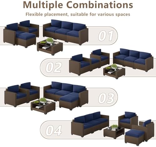 LOUVIXA 7 Piece Outdoor Patio Furniture Set, Rattan Chairs Glass Table Wicker Conversation Seating Sectional Sofa with Cushions (Brown-Navy, 7Pcs-2 Layer Coffee Table) - Image 3