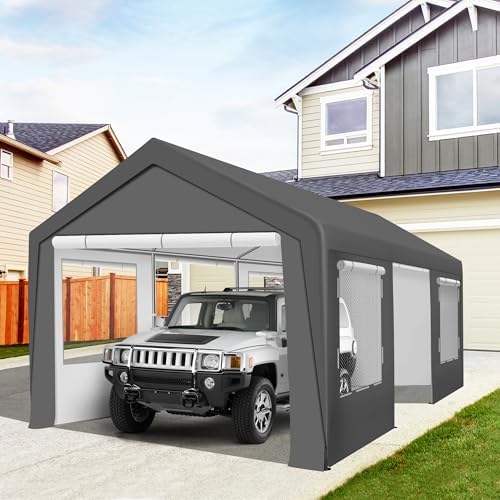 Carport 12x20 FT Heavy Duty Carport Canopy, Portable Garage with 4 Windows & Side-Opening Door, for Pickup, Boats, Car and Truck (12x20 FT Grey) - Image 2
