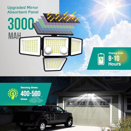 LYWALT Solar Outdoor Lights - 3000LM 188 LED Motion Sensor Outdoor Lights, 4 Heads Security Light,IP65 Waterproof, Easy Install,270°Wide Angle Flood Wall Light with 3 Modes for Backyard Yard - Image 3