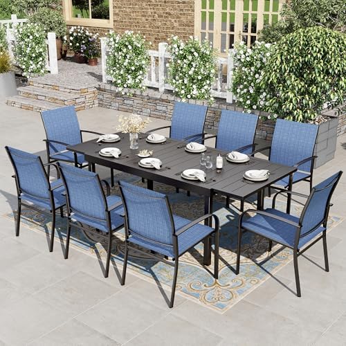 HERA'S HOUSE 9pc Patio Dining Set, Extendable Metal Table, Blue Chairs by HERASHOUSE