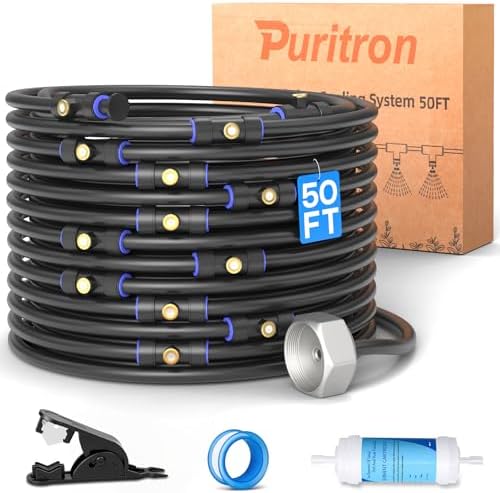 Misters for Outside Patio 50FT/15M, Outdoor Water Misting Cooling System with 15 Brass Nozzles. Backyard Mist Kit for Garden Greenhouse Fan Umbrella Chicken Coop, Dog House by Puritron