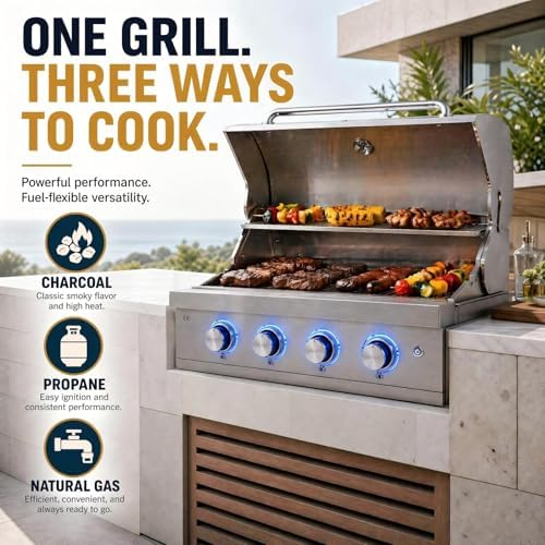 4 Burner Built in Propane Grills Charcoal & Natural Gas Grill Combo - Image 3