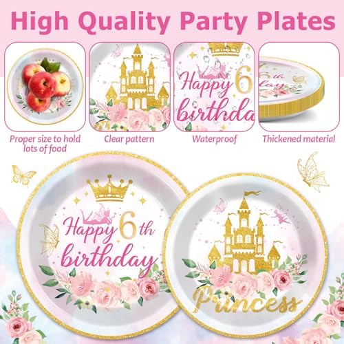 96PCS Princess 6th Birthday Party Plates and Napkins and Forks Set for Princess Party Pastel Castle Dessert Plates Disposable Decor Pink Gold Tableware Set for 6th Theme Party Favors Decorations - Image 3
