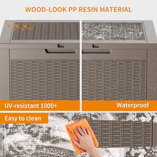 ROJIK Outdoor Storage Housing Deck Box - Waterproof Patio Furniture, Garden Tools, Cushions, Pool Accessories Storage Bench with Lockable Lid and Side Handles (Grey Rattan, 30 Gal) - Image 4