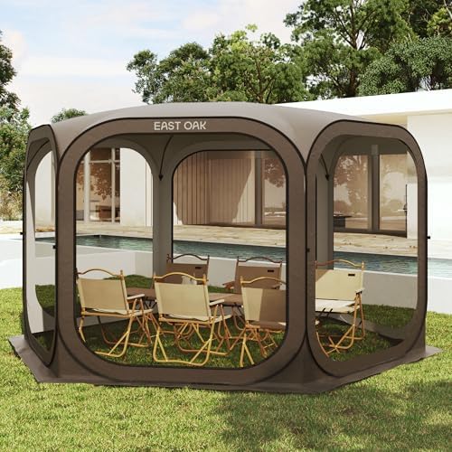 East Oak Screen House Tent Pop-Up, Portable Screen Room Canopy Instant Screen Tent 12 x 12 FT with Carry Bag for Patio, Backyard, Deck & Outdoor Activities, Brown by EASTOAK
