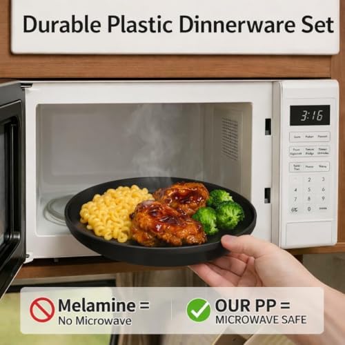 40 Piece Plastic Dinnerware Set for 8 with Cutlery, Unbreakable Plates and Bowls Set, Dishwasher & Microwave Safe Reusable Dish Set for Camping, RV, Outdoor Kitchen, Apartment Dining, Black - Image 3