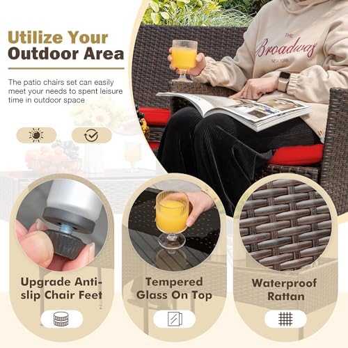 Homall 4 Pieces Patio Rattan Chair Wicker, Outdoor Indoor Use Backyard Porch Garden Poolside Balcony Furniture Sets (Red) - Image 3
