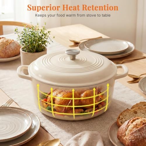 NEWBULIG 6 Quart Cast Iron Dutch Oven, Enamel Dutch Oven Pot with Lid Beige - Image 4