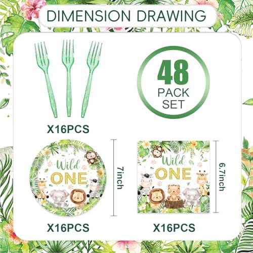 48pcs Wild One Party Decoration Set,16 Dessert plate,16 Napkin And 16 Fork,Safari Jungle Disposable tableware for 16 persons,Used for Boys First 1st Party Supplies - Image 2