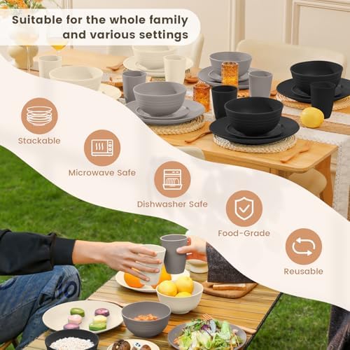 Homienly Wheat Straw Plates and Bowls Set, Lightweight & Unbreakable Dinnerware Set for Kitchen, Parties, Holidays, Microwave and Dishwasher Safe Dish Set - Plate Sets, Bowls, Cups, 24pcs (Grey Stone) - Image 5