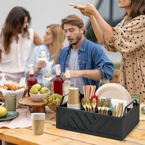 Ukonvi Paper Plate Dispenser and Holder for Kitchen Counter, Wood Rustic Silverware Utensil Caddy, Cutlery Flatware Organizer Box for Cups Spoons Forks Napkins, Kitchen Accessories - Image 2