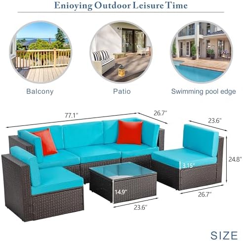 Vongrasig 7 Piece Patio Furniture Sets with 45 Inch Fire Pit Table All Weather PE Wicker Rattan Outdoor Sectional Sofa Couch Conversation Set w/Glass Table for Lawn, Garden, Backyard (Blue) - Image 3