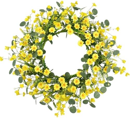 Pinkpum 22" Daisy Eucalyptus Wreath for Front Door, Artificial Spring Summer Floral Wreath for Front Door, Home Farmhouse Wedding Wall Window Decor by Pinkpum