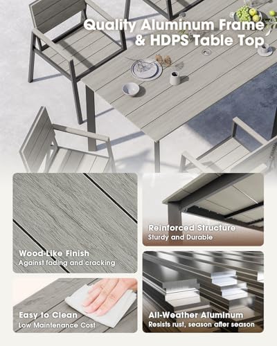 Outdoor Dining Set for 6, Aluminum Patio HDPS Outdooor Table and Chairs Set with Umbrella Hole, All Weather Patio Furniture Set, 7 Peice Patio Dining Table Set (Classic Gray) - Image 4