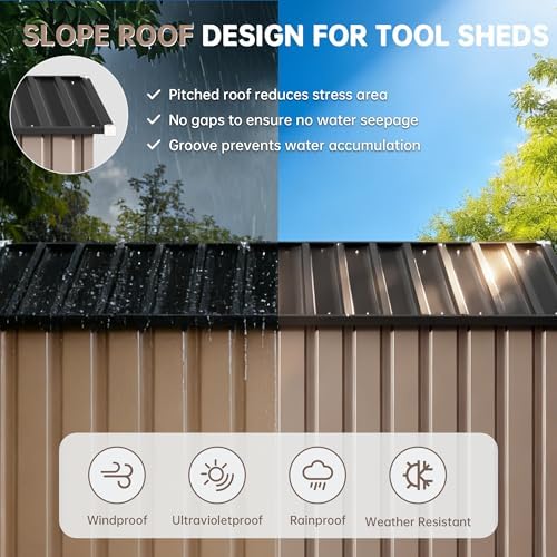 Lockable Metal Garden Shed, Outdoor Metal Storage Sheds Multi-Used, Vertical Outdoor Steel Storage Sheds, Compact Metal Tool Shed with Sloping Roof (Brown) - Image 3