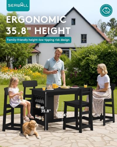 SERWALL Outdoor HDPE Counter-Height Bar Table with Storage Rack, Black - Image 3