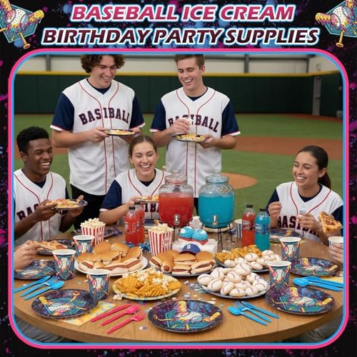 FoldTier 350 Pcs Black Ice Cream Drip Baseball Birthday Party Decorations Set Ice Cream Paper Plates Napkins Fork Set Disposable Fairy Tableware Decorations Supplies for Baby Shower Dinner Serves 50 - Image 6