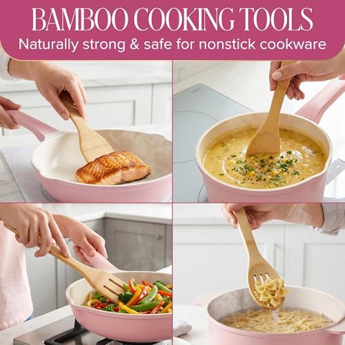 Paris Hilton Kitchen Utensils Tool Crock Set, Bamboo Cooking Tools with Gold-Finish Stainless Steel Whisk and Ceramic Stoneware Utensil Holder, Gingham Design, 7-Piece, Pink - Image 6
