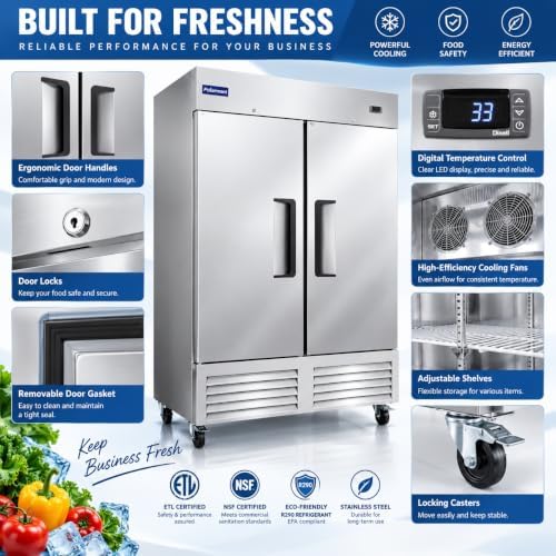 54" W Commercial Refrigerator with 2 door Stainless Steel 49 Cu. Ft Reach-in Refrigerator 6 Adjustable shelves Fan Cooling Fridge for Restaurant, Commercial Kitchen, Shop, ETL Certification - Image 3